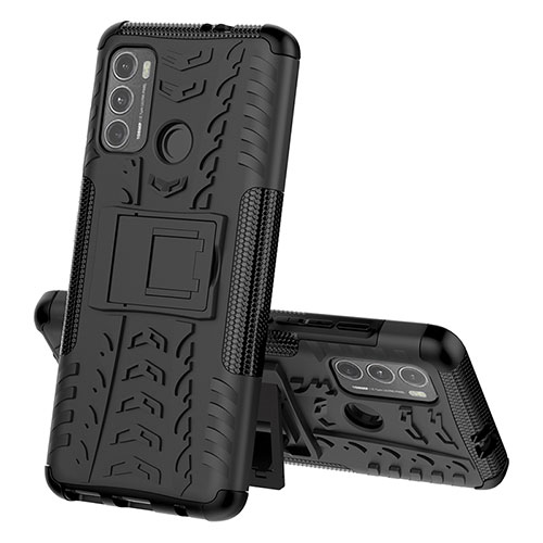 Silicone Matte Finish and Plastic Back Cover Case with Stand for Motorola Moto G60 Black