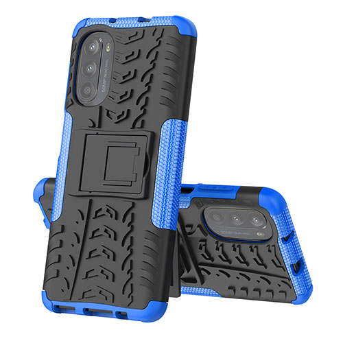Silicone Matte Finish and Plastic Back Cover Case with Stand for Motorola Moto G71s 5G Blue