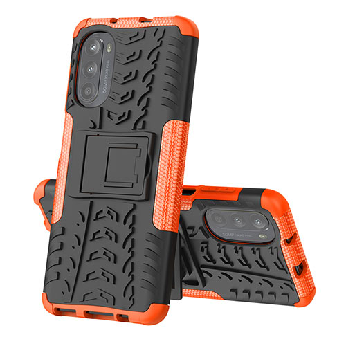 Silicone Matte Finish and Plastic Back Cover Case with Stand for Motorola Moto G71s 5G Orange