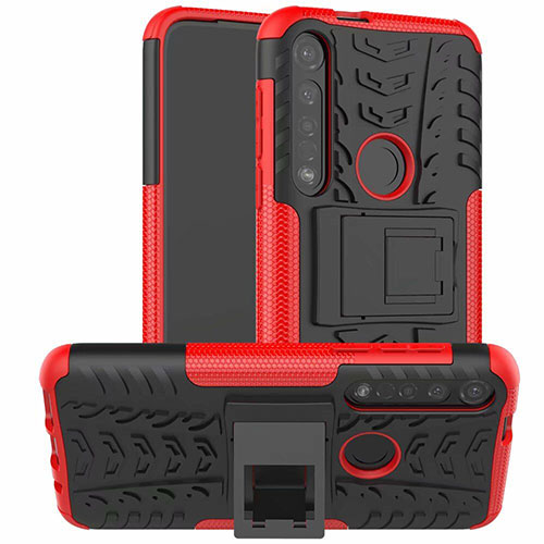Silicone Matte Finish and Plastic Back Cover Case with Stand for Motorola Moto G8 Plus Red