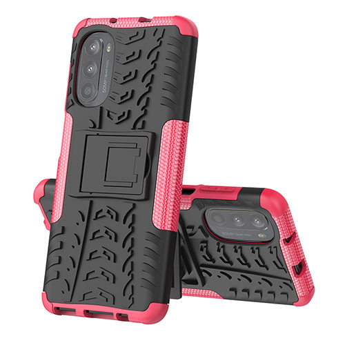 Silicone Matte Finish and Plastic Back Cover Case with Stand for Motorola Moto G82 5G Hot Pink