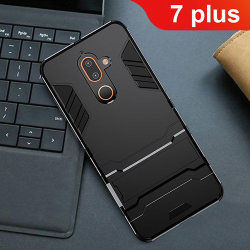 Silicone Matte Finish and Plastic Back Cover Case with Stand for Nokia 7 Plus Black