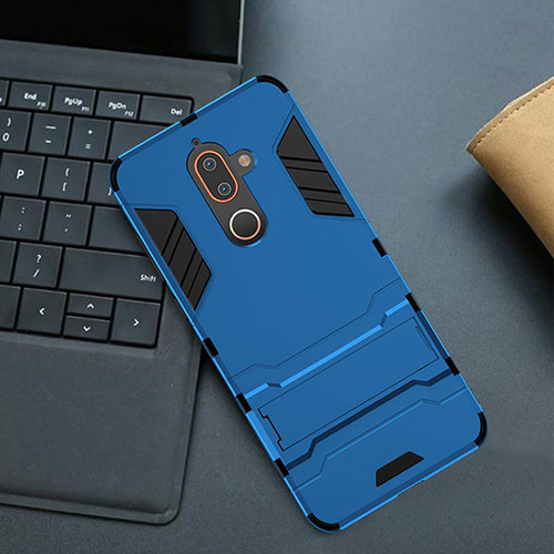 Silicone Matte Finish and Plastic Back Cover Case with Stand for Nokia 7 Plus Blue