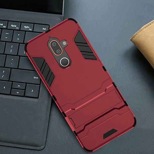 Silicone Matte Finish and Plastic Back Cover Case with Stand for Nokia 7 Plus Red