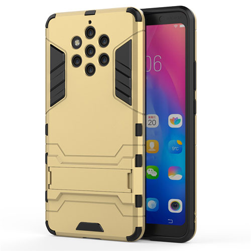 Silicone Matte Finish and Plastic Back Cover Case with Stand for Nokia 9 PureView Gold