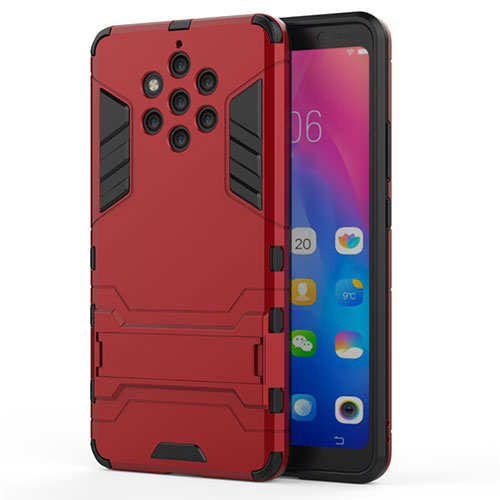 Silicone Matte Finish and Plastic Back Cover Case with Stand for Nokia 9 PureView Red