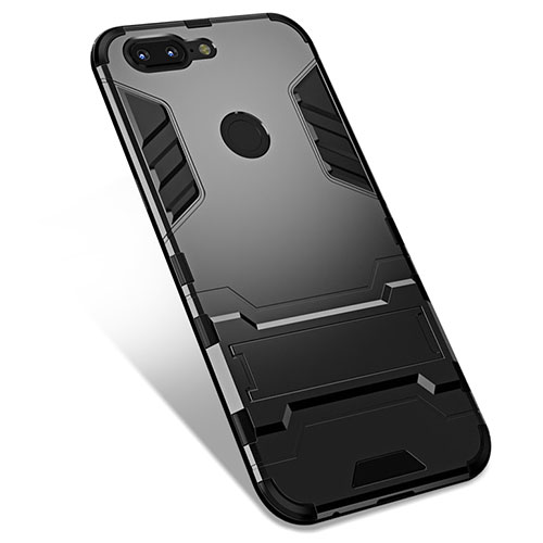 Silicone Matte Finish and Plastic Back Cover Case with Stand for OnePlus 5T A5010 Black