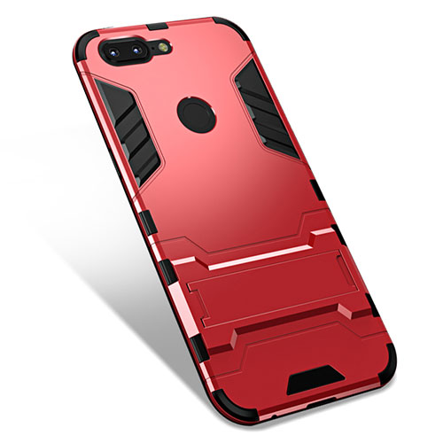 Silicone Matte Finish and Plastic Back Cover Case with Stand for OnePlus 5T A5010 Red
