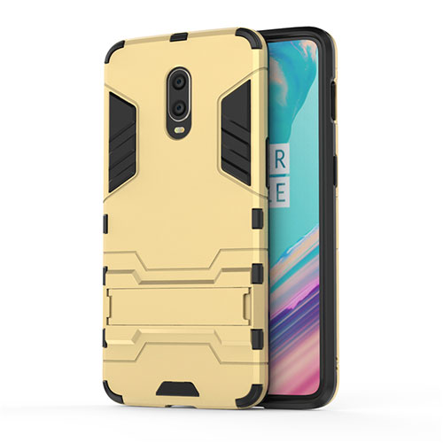 Silicone Matte Finish and Plastic Back Cover Case with Stand for OnePlus 7 Gold