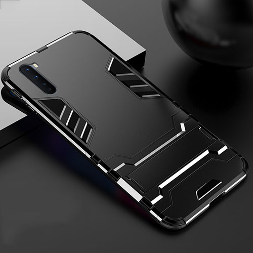 Silicone Matte Finish and Plastic Back Cover Case with Stand for OnePlus Nord Black