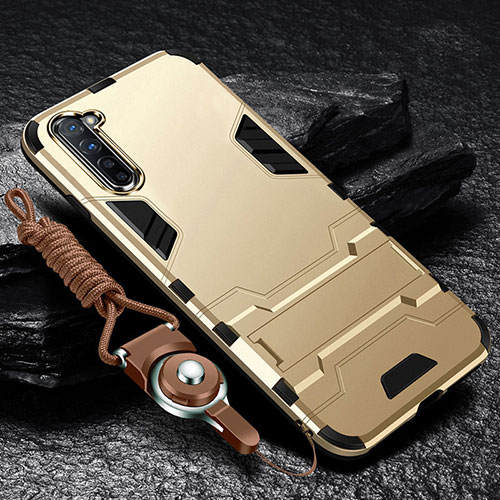 Silicone Matte Finish and Plastic Back Cover Case with Stand for Oppo Find X2 Lite Gold