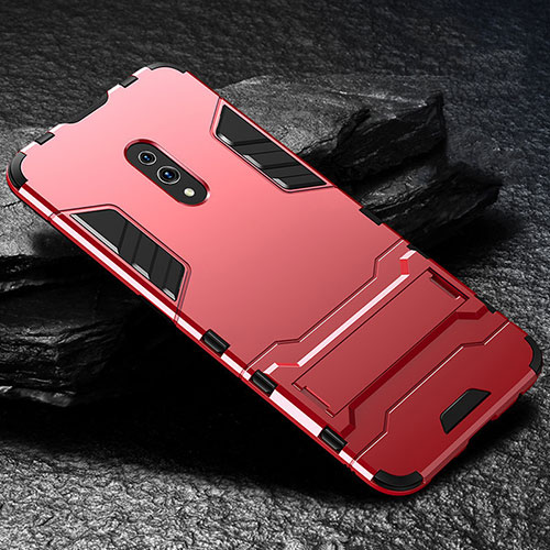 Silicone Matte Finish and Plastic Back Cover Case with Stand for Oppo K3 Red