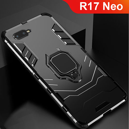 Silicone Matte Finish and Plastic Back Cover Case with Stand for Oppo R17 Neo Black