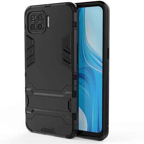 Silicone Matte Finish and Plastic Back Cover Case with Stand for Oppo Reno4 F Black
