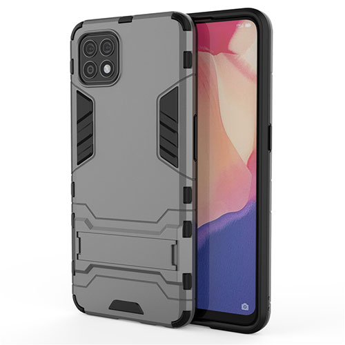 Silicone Matte Finish and Plastic Back Cover Case with Stand for Oppo Reno4 SE 5G Gray