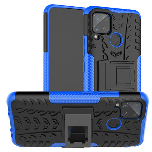 Silicone Matte Finish and Plastic Back Cover Case with Stand for Realme C15 Blue