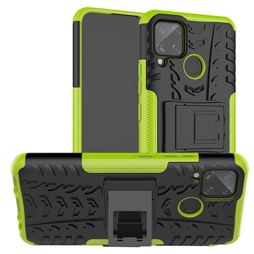 Silicone Matte Finish and Plastic Back Cover Case with Stand for Realme C15 Green