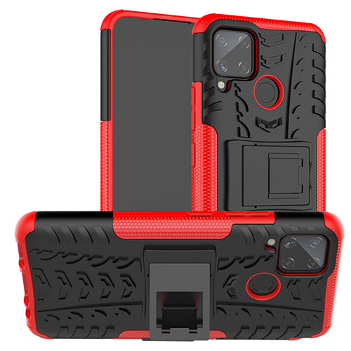 Silicone Matte Finish and Plastic Back Cover Case with Stand for Realme C15 Red