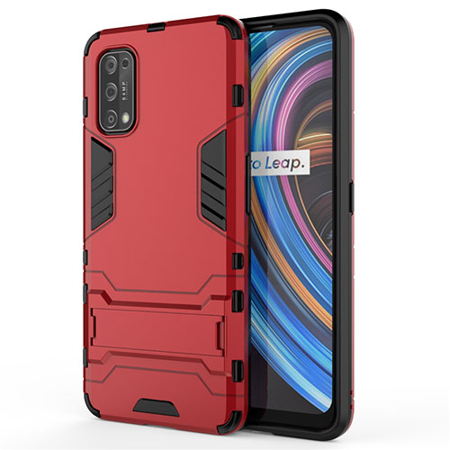 Silicone Matte Finish and Plastic Back Cover Case with Stand for Realme X7 Pro 5G Red
