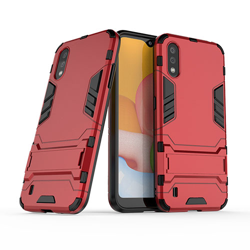 Silicone Matte Finish and Plastic Back Cover Case with Stand for Samsung Galaxy A01 SM-A015 Red