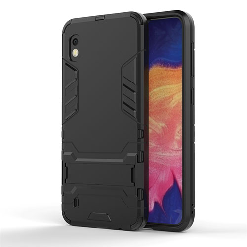 Silicone Matte Finish and Plastic Back Cover Case with Stand for Samsung Galaxy A10 Black