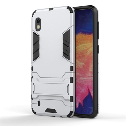Silicone Matte Finish and Plastic Back Cover Case with Stand for Samsung Galaxy A10 Silver
