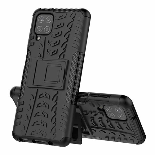 Silicone Matte Finish and Plastic Back Cover Case with Stand for Samsung Galaxy A12 Black