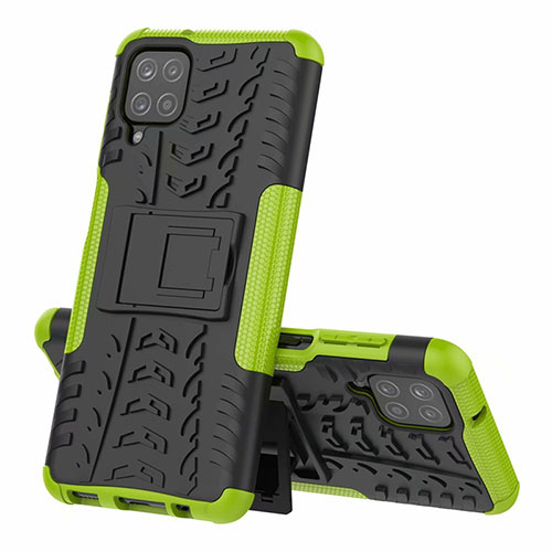 Silicone Matte Finish and Plastic Back Cover Case with Stand for Samsung Galaxy A12 Green