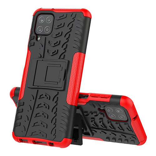 Silicone Matte Finish and Plastic Back Cover Case with Stand for Samsung Galaxy A12 Red