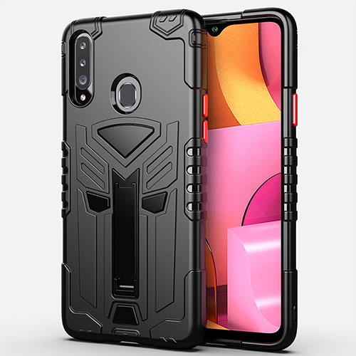 Silicone Matte Finish and Plastic Back Cover Case with Stand for Samsung Galaxy A20s Black