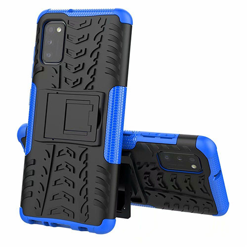Silicone Matte Finish and Plastic Back Cover Case with Stand for Samsung Galaxy A41 Blue