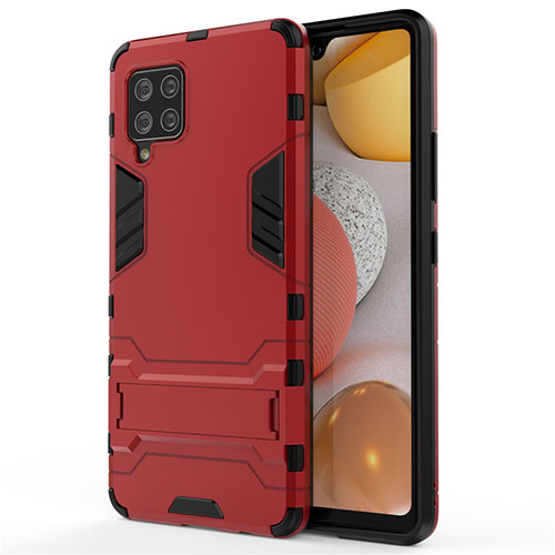 Silicone Matte Finish and Plastic Back Cover Case with Stand for Samsung Galaxy A42 5G Red