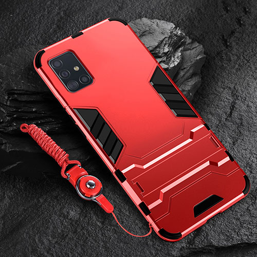 Silicone Matte Finish and Plastic Back Cover Case with Stand for Samsung Galaxy A51 5G Red