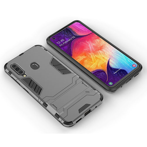 Silicone Matte Finish and Plastic Back Cover Case with Stand for Samsung Galaxy A60 Gray
