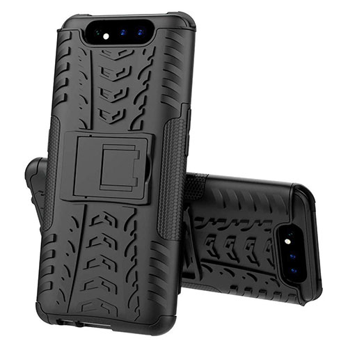 Silicone Matte Finish and Plastic Back Cover Case with Stand for Samsung Galaxy A80 Black