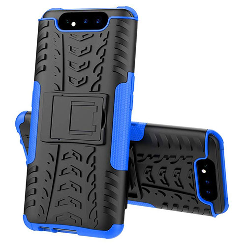 Silicone Matte Finish and Plastic Back Cover Case with Stand for Samsung Galaxy A90 4G Blue