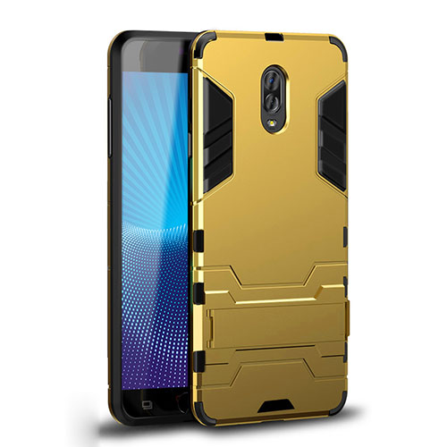 Silicone Matte Finish and Plastic Back Cover Case with Stand for Samsung Galaxy C7 (2017) Gold