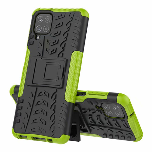 Silicone Matte Finish and Plastic Back Cover Case with Stand for Samsung Galaxy F12 Green