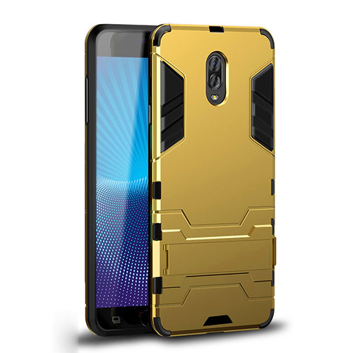 Silicone Matte Finish and Plastic Back Cover Case with Stand for Samsung Galaxy J7 Plus Gold