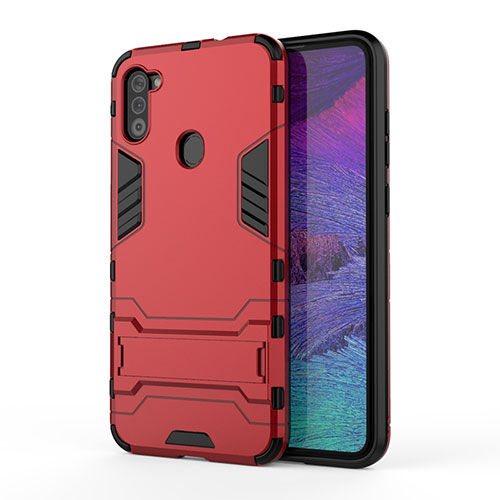 Silicone Matte Finish and Plastic Back Cover Case with Stand for Samsung Galaxy M11 Red