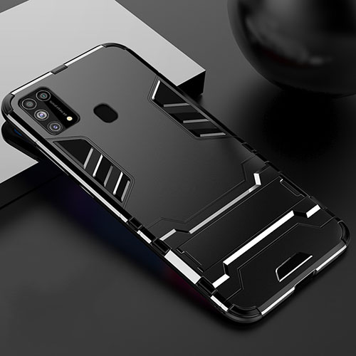 Silicone Matte Finish and Plastic Back Cover Case with Stand for Samsung Galaxy M21s Black