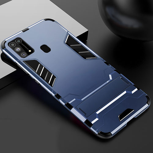 Silicone Matte Finish and Plastic Back Cover Case with Stand for Samsung Galaxy M21s Blue