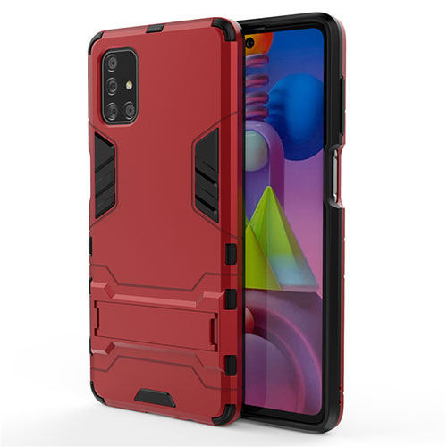 Silicone Matte Finish and Plastic Back Cover Case with Stand for Samsung Galaxy M51 Red