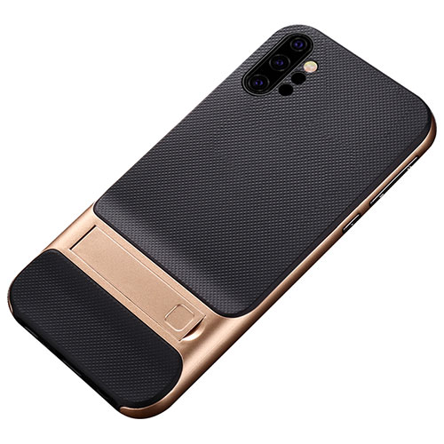 Silicone Matte Finish and Plastic Back Cover Case with Stand for Samsung Galaxy Note 10 Plus 5G Gold