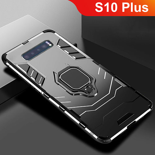 Silicone Matte Finish and Plastic Back Cover Case with Stand for Samsung Galaxy S10 Plus Black