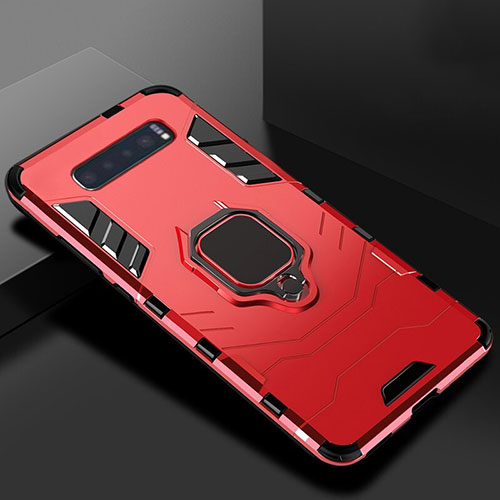 Silicone Matte Finish and Plastic Back Cover Case with Stand for Samsung Galaxy S10 Red
