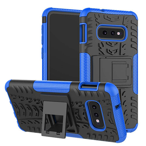 Silicone Matte Finish and Plastic Back Cover Case with Stand for Samsung Galaxy S10e Blue