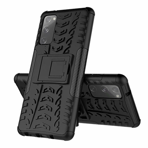 Silicone Matte Finish and Plastic Back Cover Case with Stand for Samsung Galaxy S20 FE 2022 5G Black