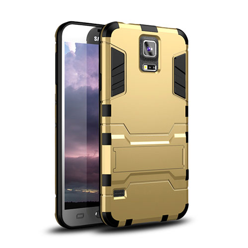 Silicone Matte Finish and Plastic Back Cover Case with Stand for Samsung Galaxy S5 G900F G903F Gold