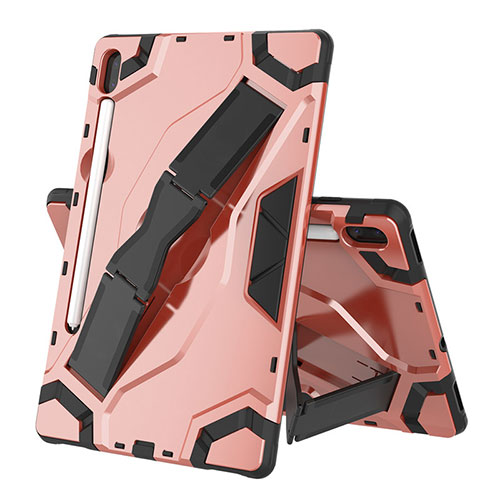 Silicone Matte Finish and Plastic Back Cover Case with Stand for Samsung Galaxy Tab S6 10.5 SM-T860 Rose Gold